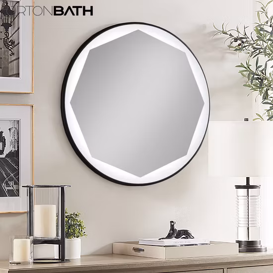 Ortonbath 둥근 원형 검정 액자 LED 욕실 세면대 거울, 3가지 색상 조명 조광 가능, 안티 기능이 있는 화장 거울